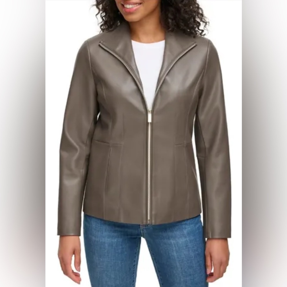 Kenneth Cole faux leather jacket. Front zipper, 2 pockets, lined. Warm grey. M